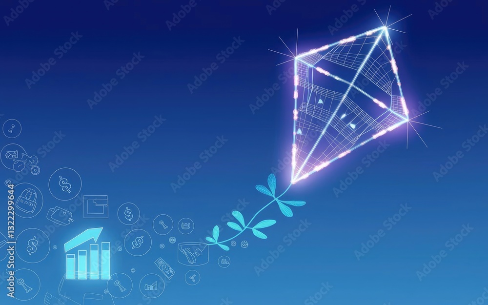 Poster soaring to success: an abstract illustration depicts a glowing kite, trailing a path of growth icons