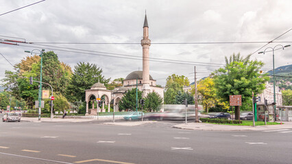 Ali Pasha Mosque timelapse hyperlapse with traffic on intersection in Sarajevo