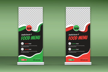 Delicious food menu roll-up banner design template for restaurant in green and red color bundle on black background, modern and special fast food menu design pull-up banner for business promotion set