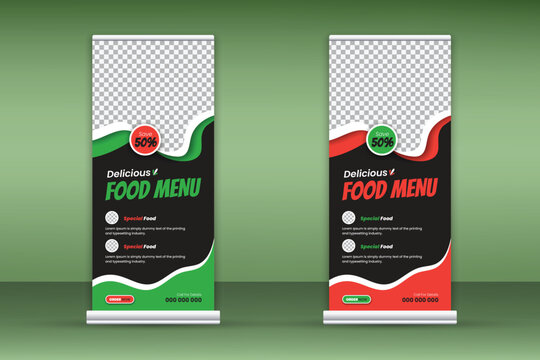 Delicious food menu roll-up banner design template for restaurant in green and red color bundle on black background, modern and special fast food menu design pull-up banner for business promotion set