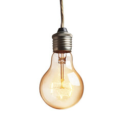 A soft, glowing lightbulb hanging from a thin cord, isolated on white background.