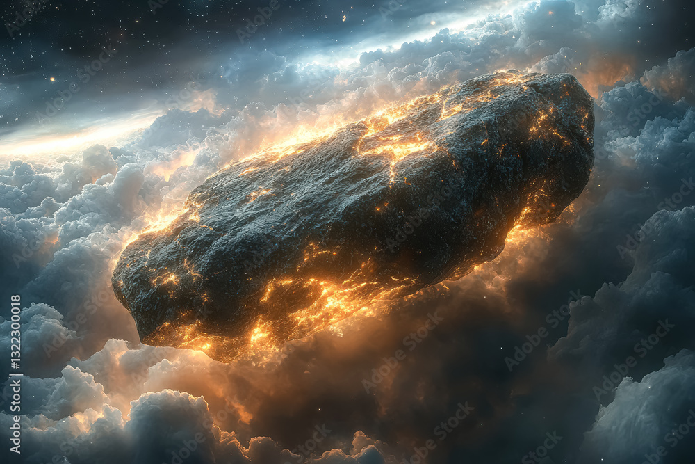 Poster large rock is floating in the sky with a bright orange glow surrounding it. concept of wonder and aw