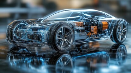 Obraz premium A sleek 3D model reveals the intricate workings of a hydrogen car undercarriage, showcasing its fuel cell stack and battery pack, poised for the future of clean transportation.
