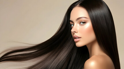 Gorgeous model with sleek long shiny brown hair, showcasing keratin treatment care for a sleek