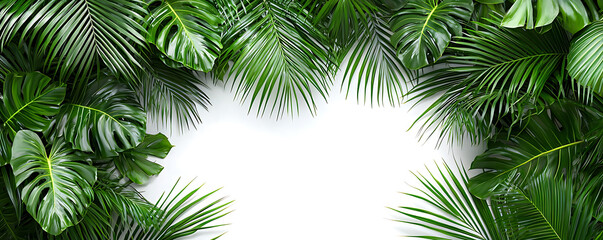 Obraz premium Lush green tropical leaves including palms and monstera frame a bright white background.