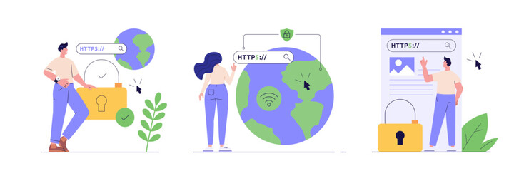 Using browser with https protocol illustration set. People searching website address with security. Collcetion concept of web protection, ssl certificate for web Design, UI, banners