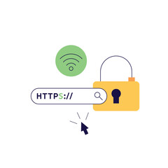 Using browser with https protocol illustration. People searching website address with security. Concept of web protection, ssl certificate for web Design, UI, banners