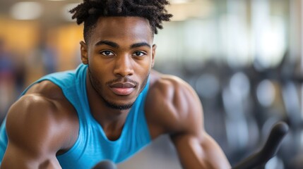 Muscular young man on exercise bike at gym.