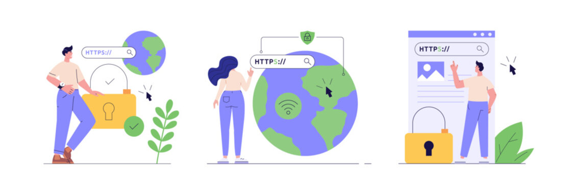 Using browser with https protocol illustration set. People searching website address with security. Collcetion concept of web protection, ssl certificate for web Design, UI, banners