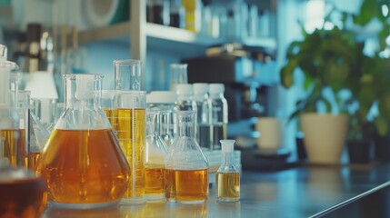 Beakers filled with amber liquids are neatly arranged on a lab countertop, representing scientific inquiry and experimentation.
