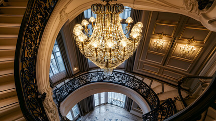 Grand chandelier over a spiral staircase in a luxury home
