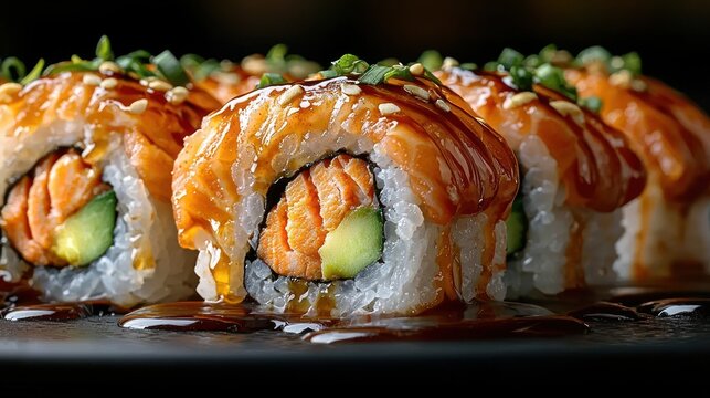 Delicious teriyaki salmon sushi rolls