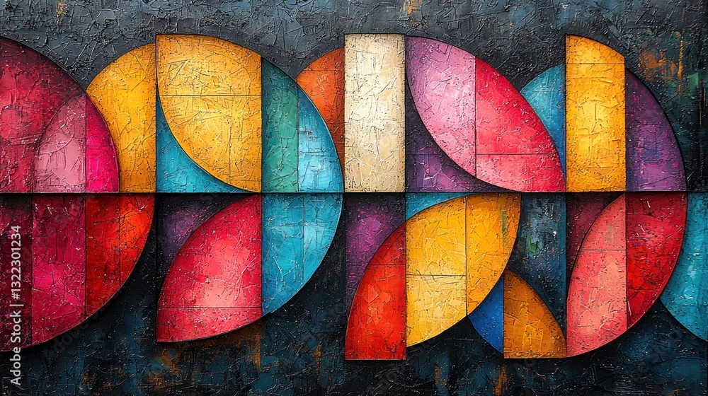Poster abstract colorful geometric art with semicircles and textured background.