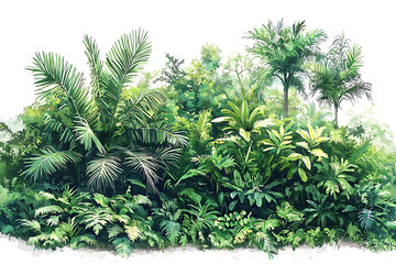 Lush tropical foliage watercolor painting featuring varied textures of palms ferns and diverse green plants.