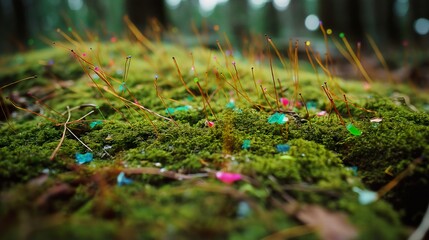 Microplastic pollution on a green mossy forest floor, highlighting environmental contamination and waste impact