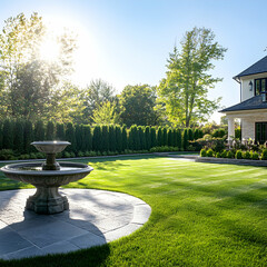Luxurious backyard oasis with fountain