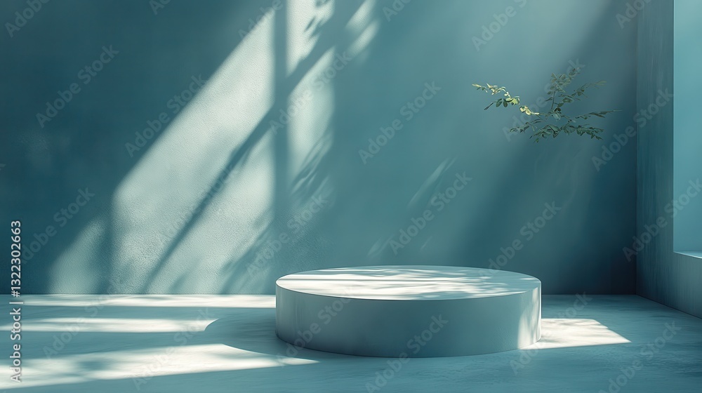 Poster minimalist interior with curved steps and soft sunlight illuminating a serene space during the day
