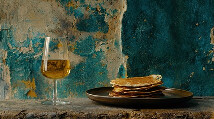   Food & Wine on Stone Ledge with Rusted Wall