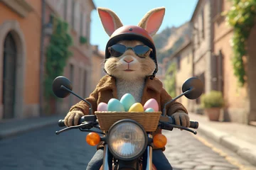 Fototapeten cartoon easter bunny carrying a basket of painted eggs on a motorcycle © iredman