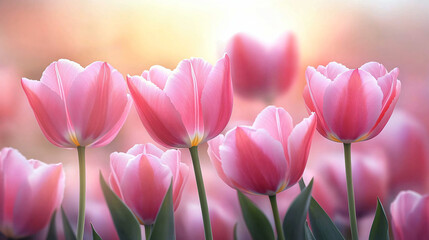 Fototapeta premium Close-up of pink tulips in soft diffused light, perfect for Mother's Day, spring events, or floral design projects. Emphasizes serenity and delicate beauty.