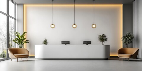 A modern minimalist reception area with elegant design and plants