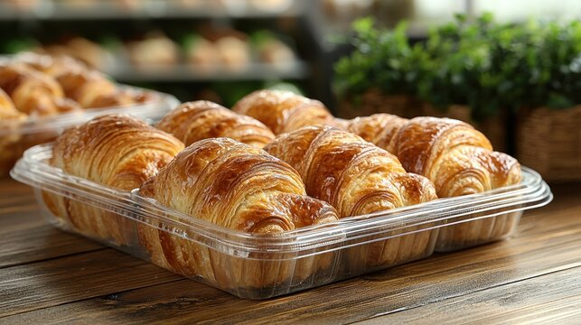 Freshly baked croissants in a clear plastic container