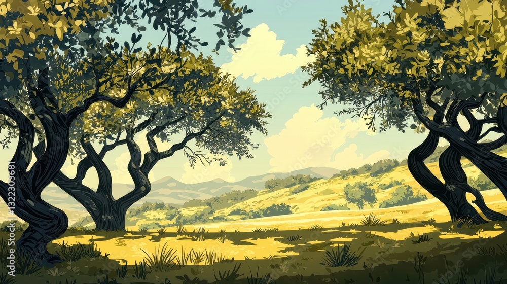 Poster a tranquil scenery showcases twisted ancient trees surrounded by lush greenery. rolling hills stretc