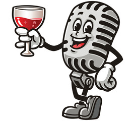 Cartoon mascot character Microphone holding a glass of drink