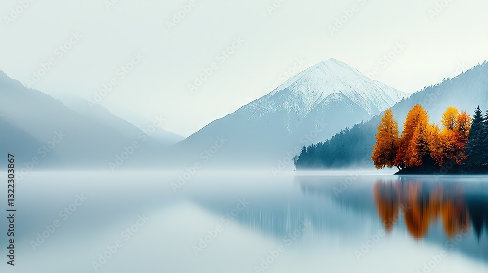 Poster a scene featuring water with trees upfront and mountains fading into foggy distance behind