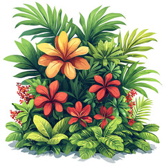 Lush tropical foliage bursting with vibrant blossoms in shades of yellow and red creating a cheerful inviting composition.