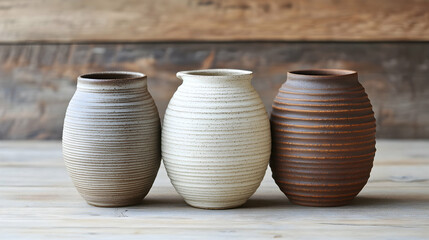 Handcrafted pottery with textured ridges in earthy tones