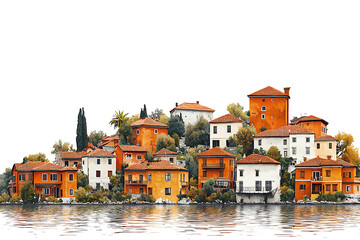 Fototapeta premium Watercolor style painting of European village houses on a hill reflecting in water.