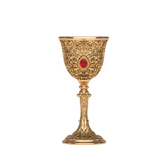 An ornate gold chalice, intricately decorated with floral patterns and a prominent red gemstone, resting against a stark black background.