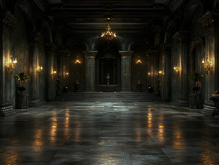Majestic dark hall with ornate columns and a grand altar