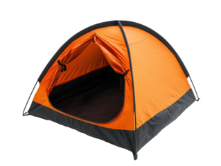 Orange camping tent set up for outdoor adventure in nature