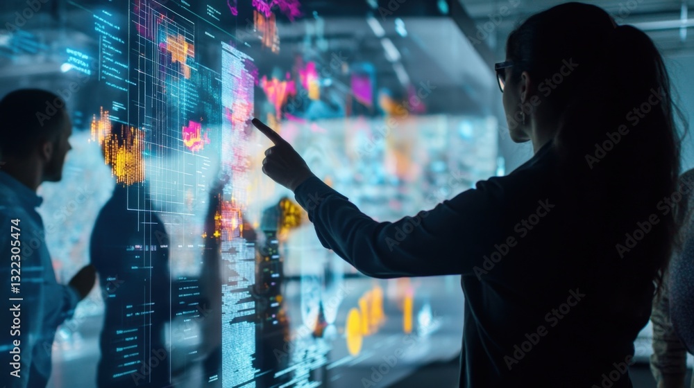 Poster project manager pointing at futuristic transparent touch screen displaying various data, charts and 