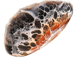 Abstract resin art piece featuring swirling patterns of white black and amber colors creating an organic and textured surface.