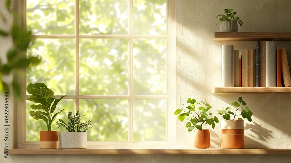 Poster three potted plants rest on a window sill in front of a bookshelf