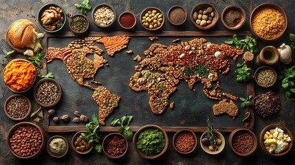 An illustration of diverse foods from around the world arranged on a map showcasing global culinary heritage and culture