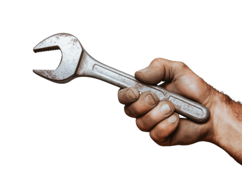 Hand gripping a rusted adjustable wrench in a workshop setting - Powered by Adobe