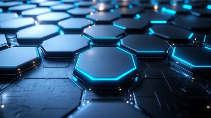 Obraz premium Hexagonal pattern with glowing blue edges, tech-inspired design, sleek and modern.