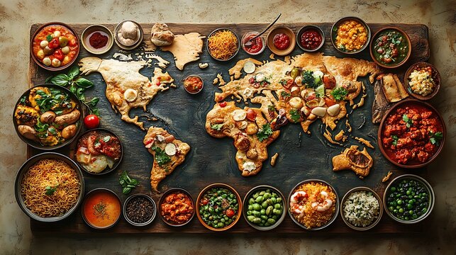 A world map with vibrant dishes from different countries representing the culinary diversity of cultures across the globe