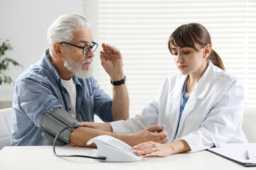 Doctor measuring senior man's blood pressure during appointment in hospital