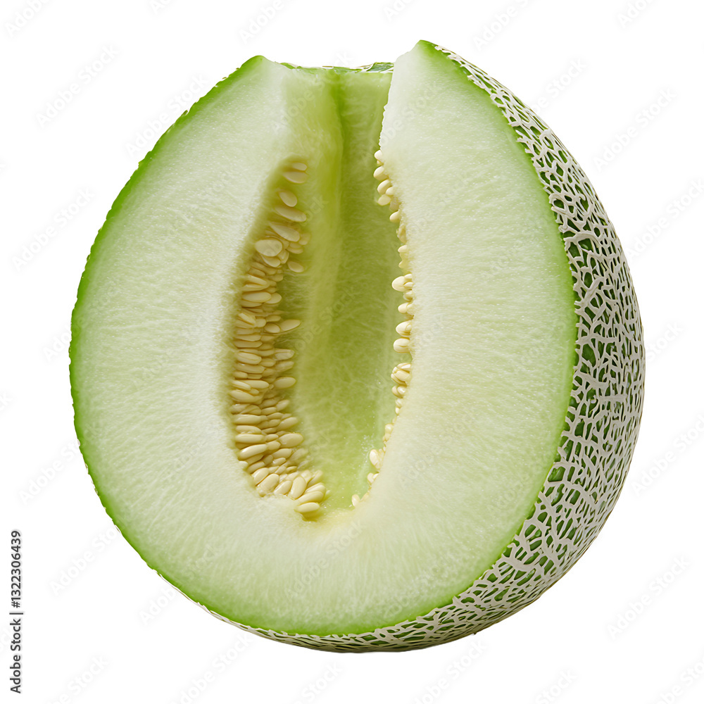 Poster a refreshing slice of a green netted melon, its pale flesh and small seeds creating an appealing, he