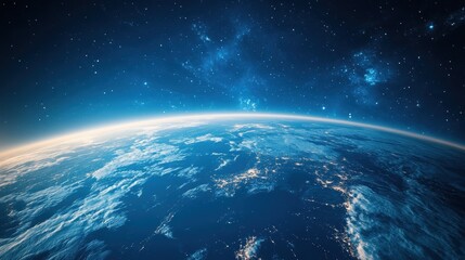 Obraz premium A vibrant blue sphere, Earth, with a smattering of fluffy white clouds dotting its azure canvas, showcasing the majestic European continent in its breathtaking splendor.
