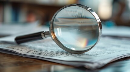 Fototapeta premium A Magnifying Glass on Top of a Newspaper on a Wooden Table