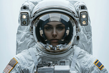 Focused astronaut gazes from within her helmet wearing a white spacesuit against a bright undefined background.
