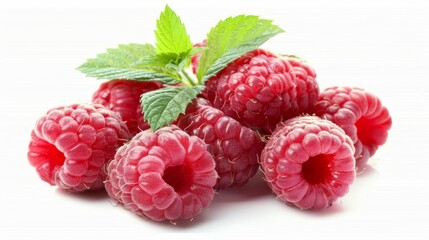 Fresh raspberries with green leaves isolated on a clean white background for culinary use