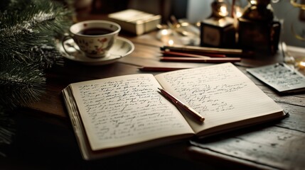 Vintage journal with handwritten notes, a teacup, and warm lighting creating a cozy atmosphere