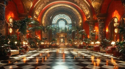 Obraz premium Luxurious grand hall with checkered floor, red walls, and tropical plants.